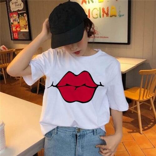 Summer Womens T-shirt Sexy Lips Printed T-shirt Vouge Graphic Short Sleeve White T-shirt Casual Woman Top Tee