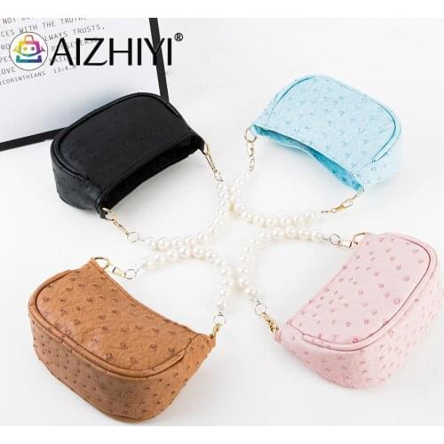 Fashion Women Ostrich Pattern Solid Color PU Leather Shoulder Crossbody Messenger Bag Casual Ladies Pearl Chain Purse Handbags