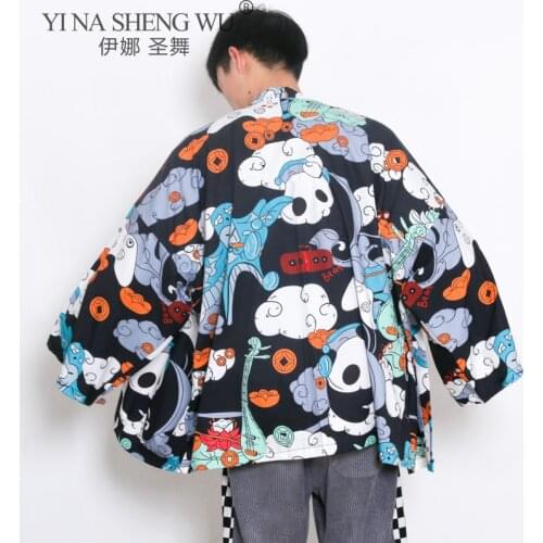 Men Kimono Japanese Style Traditional Clothing Streetwear Fashion Jacket Samurai Haori Panda Pattern Sun Protective Kimono Coats