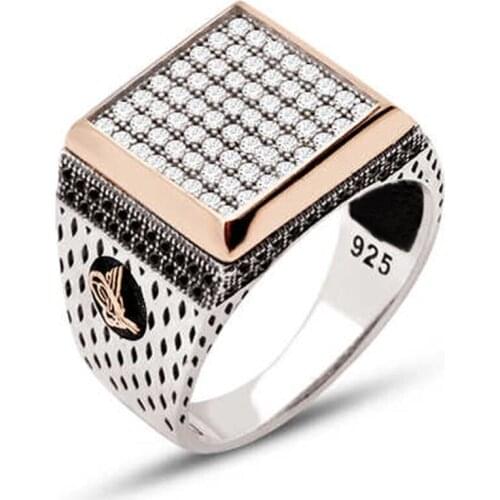 Silver White Zircon Sides Tuğralı Square Male Ring