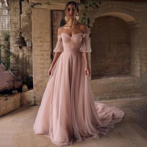 Modern Latest Dusty Pink Bridal Wedding Gowns Off Shoulder Sleeves Sweetheart Pleated Wedding Dress for Bride Court Train 2021