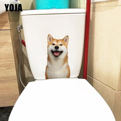 YOJA 14×24CM Smiling Shiba Inu Funny Cartoon Toilet WC Decoration Personality Home Wall Stickers T1-3148