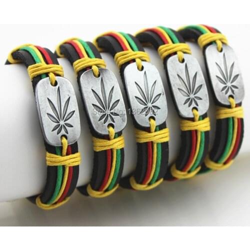 Jewelry Wholesale Lot 12PCS Fashion Hemp Hand Woven Alloy Carved Lucky Leaf Leather Bracelets Surfing Bangle Gift MB102