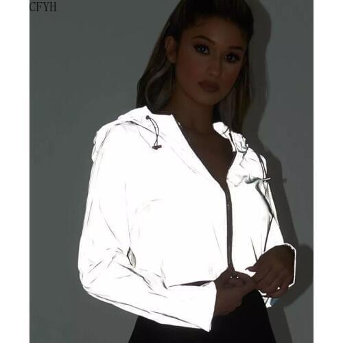 Womens Casual Reflective Hooded Drawstring Stitching Top Street Street Running Flash Blouse Jacket Sports