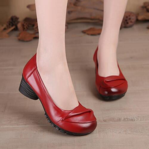 AARDIMI Classic Women High Heels Shoes Platform Genuine Leather Retro Shallow Womens Pumps Solid Slip On Mother Shoes