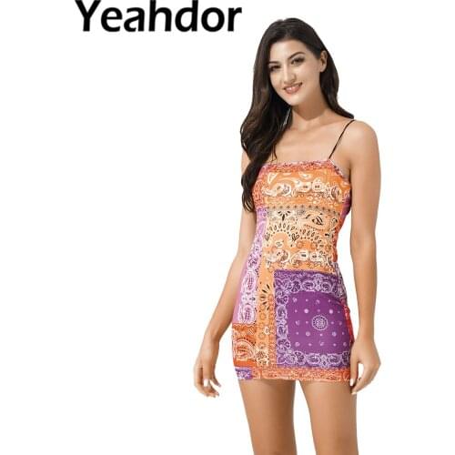 Women Summer Sexy Dress Casual Wear Spaghetti Straps Sleeveless Low Cut Boho Print Above Knee Length Short Sheath Dresses