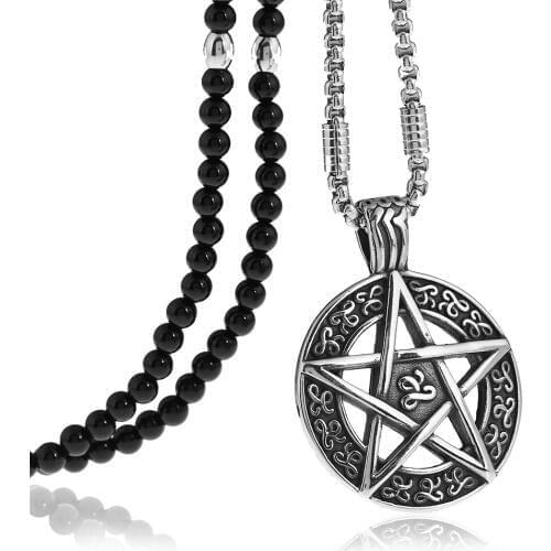 Star Pentagram Pentacle Pagan Wiccan Witch Gothic Pendant Necklace with Black Natural Stone Beaded Necklace 27inches