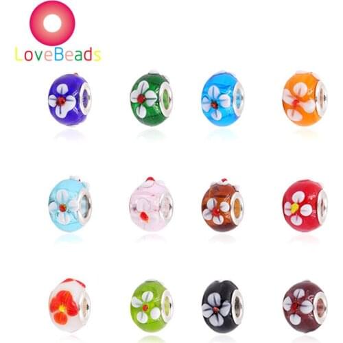 10 Pcs Colors Flower Murano Large Hole European Charms Lampwork Glass Beads Fit Pandora Bracelet Necklace DIY for Jewelry Making