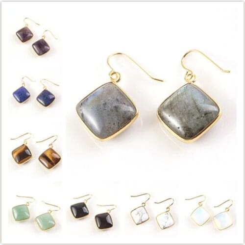 100-Unique 1 Pair Light Yellow Gold Color Rhombus Shape Labradorite Cabochon Earrings Black Agates Jewelry