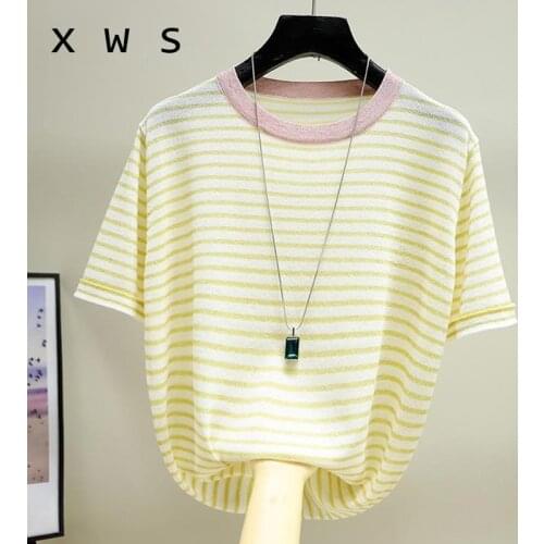 2020 O neck Summer Short Sleeve striped Korean Sweater Knitted Pullover Women Sweaters Tops ·Basic Thin Pull Femme Jumper