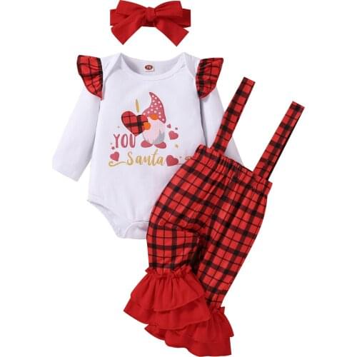 3 Pcs Babys Clothes Suit Set Letter Print O-Neck Long Sleeve Kids Romper Plaid Suspender Trousers Headband For Girls 0-18M