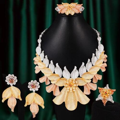 Blachette Luxury Blossom Leaf Nigeria Bridal Jewelry Sets CZ African Wedding Necklace Earrings Bracelet Ring 4pcs High Quality