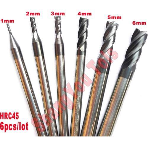 6pcs/set 1mm,2mm,3mm,4mm,5mm,6mm hrc45 4Flutes flat end mills Spiral Bit Milling Cutter Tools Carbide CNC Endmill Router bits