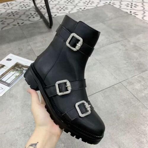 Buty Damskie Female Square Buckle Rhinestone Platform Ankle Boots woman chunky low heel zipper Shoes Punk Motorcycle Botas