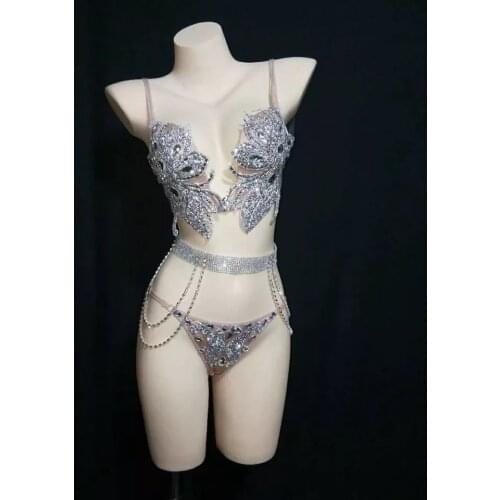Pole Dancing Diamond Bra Gold Black Silver Rhinestones Bikini Set DJ Nightclub Bar Sexy Performance Costume Women Stage Wear