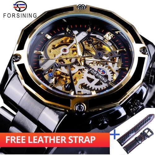Forsining Watch + Band Set Combination Steampunk Men Skeleton Watches Black Automatic Male Luxury Luminous Hands Horloges Mannen