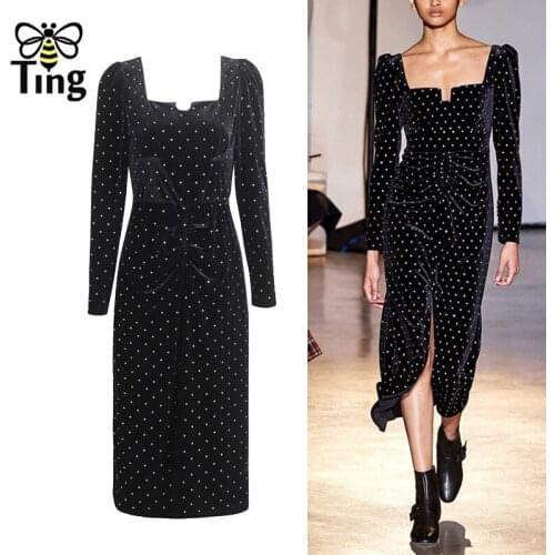 Tingfly Designer Runway Vintage Square Collar Luxury Glitter Midi Party Night Dress Sexy Split Elegant Black Velvet Long Robe