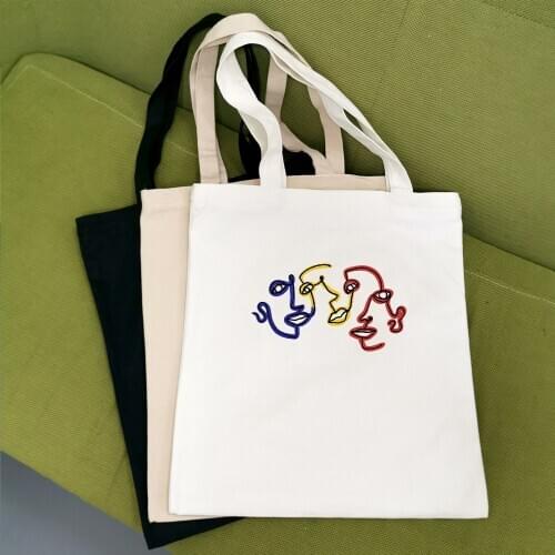 Abstract Cartoon Print Canvas Bag Girls Womens New Casual Vintage Ins Tote Bags Black Ulzzang Chic Canvas Shopping Bag Large