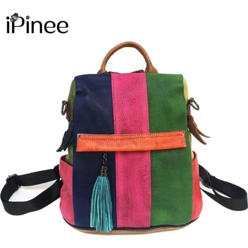IPinee Tassels Women Backpack Genuine Leather Travel Backpack for Laptop School Bags Female Vintage Wiping the color Packsack
