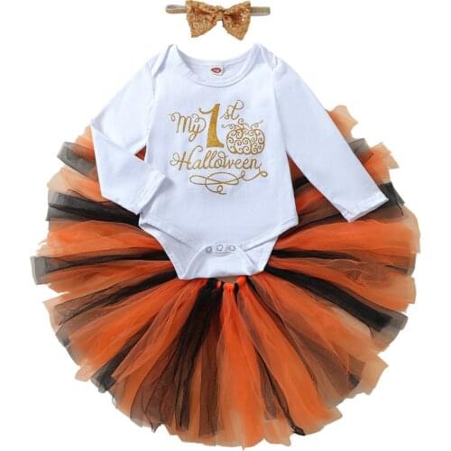 3Pcs Toddler Halloween Outfits, Letter Print O-Neck Long Sleeves Romper + Tutu Skirt + Headband for Girls, 0-18 Months