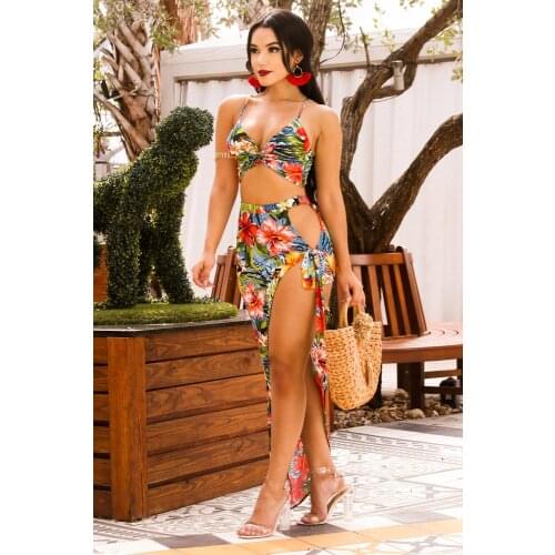Summer sexy two-piece asymmetrical dress girls printed halter bra + printed lace-up beach party club beach dress
