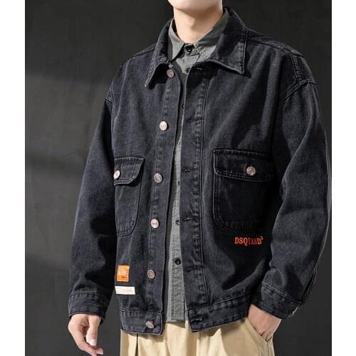 Three-color autumn 2021 mens new loose casual denim jacket fashion trend patch stitching jacket