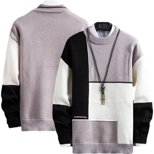 Vintage 90s Sweater Men Harajuku Geometry Splicing Pattern Winter Warm Knit Pullover Halloween Slim Fit Branded Mens Clothing