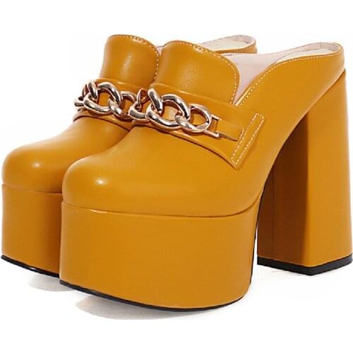 Slippers Women Platform 2021 Sexy Chain Summer Shoes For Women Yellow Black Party Fetish Shoes Ladies Block Heels Mules Shoes