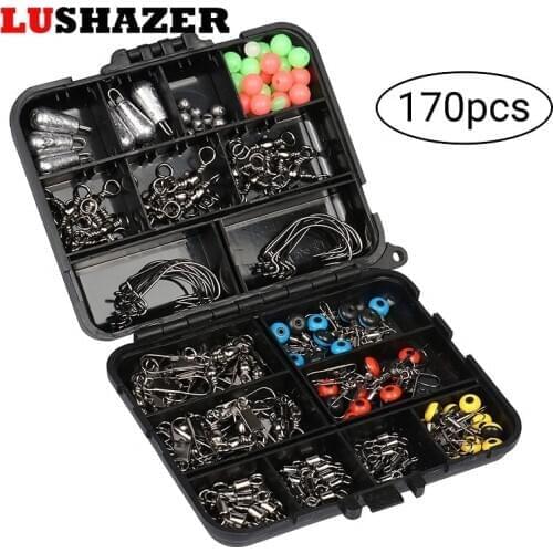 170pcs/lot Fishing Tackle Box set with Fishing Hooks,Weights,Jig Heads,O-Rings, Barrel Swivels,Fastlock Snaps Saltwater