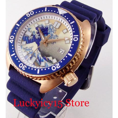 Nologo NH35A 45mm Automatic Men Watch Luminous Mark Rose Gold Case Flat Sapphire Crystal Unidirectional Bezel Ring