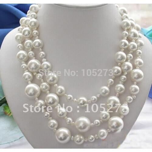 3ROWS 4MM-18MM WHITE ROUND SOUTH SEA SHELL PEARL NECKLACE 18''INCHS FASHION WOMANS JEWELRY NEW FREE SHIPPING FN1087