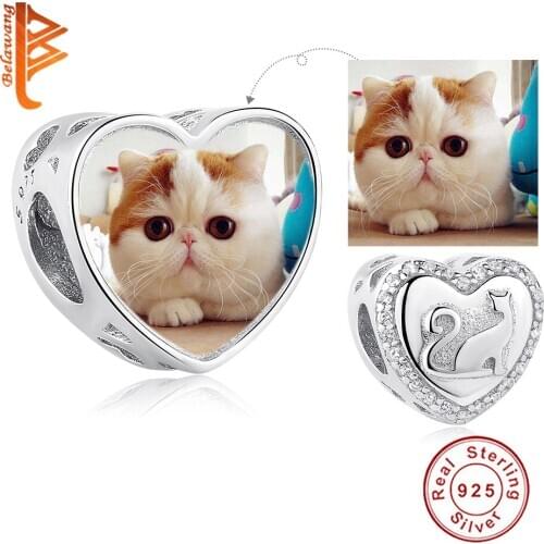 Personalized Custom Photo Charm 925 Sterling Silver Animal Cat CZ Heart Charms Beads Fit Pandora Bracelet Necklace DIY Jewelry