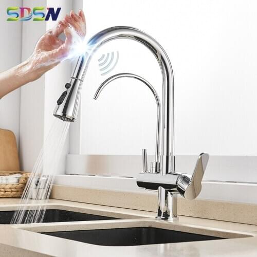 Touch Kitchen Faucets Polished Chrome Filtered Kitchen Mixer Tap Pull Out Sensor Faucet Three Ways Touch Kitchen Filter Faucets