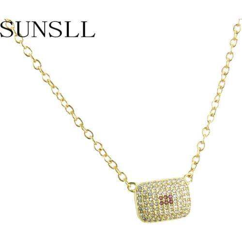 SUNSLL new gold copper necklace white cubic zirconia square small pendant necklace woman necklace fashion party jewelry gifts
