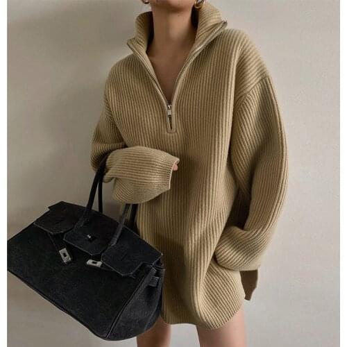 Women Oversize Loose Turtleneck Sweater 100% Wool Side Split Thick Long Knitwear Pullovers Jumpers