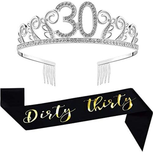 Dirty Thirty Sash Rhinestone Tiara crown Happy 30th 30 years old Birthday Party Supplies Decoration photo prop gift Cake Topper