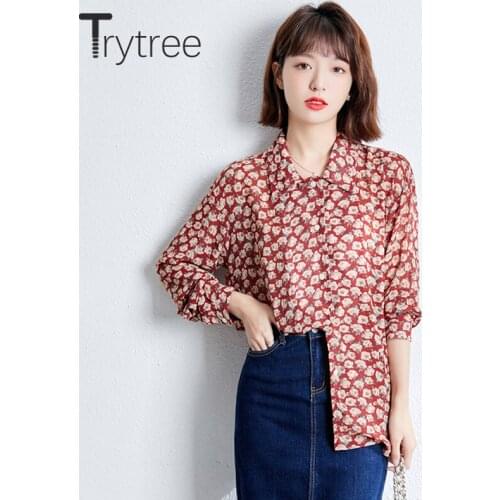 Trytree 2021 Summer Spring Women Blouse Casual Turn-down Collar Single Breasted Printed Rose Shirts Office Lady Tops For Women