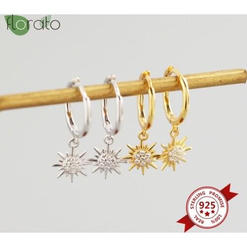 Vintage Round Gold Huggie Hoop Earrings 925 Silver Ear Buckle Zircon ladies Pierced Jewelry Small Pendant Sun Earring