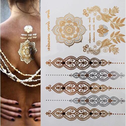Temporary Flash Einmal Tattoo Classic gold Armband Hals Kette Henna 25teilig NEU