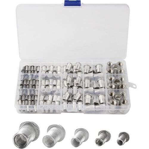 150Pcs Aluminum Rivet Nut Flat Head Vertical Grain Rivet Nut Blind Rivet Nut M3/M4/M5/M6/M8 Threaded Insert Cap Assortment Kit