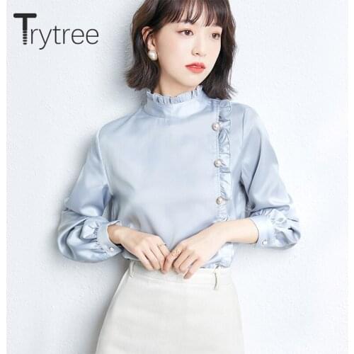 Trytree 2021 Spring Autumn Women Blouse Casual Pullover Ruffles Turtleneck Buttons Silky Shirts Office Lady Loose Tops For Women