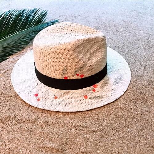 2019 Summer Straw Panama Hat For Women Wide Brim Beach Sun Hat With Hand-Painted Flower Sunbonnet Cap Size 58CM