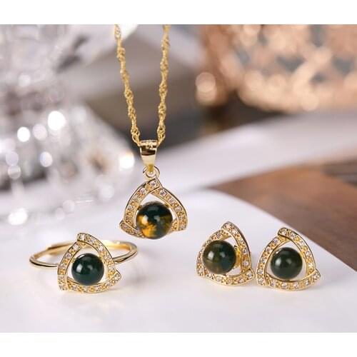 S925 sterling silver gold-plated natural Mexican blue amber stud earrings personality geometry womens earrings ring set chain
