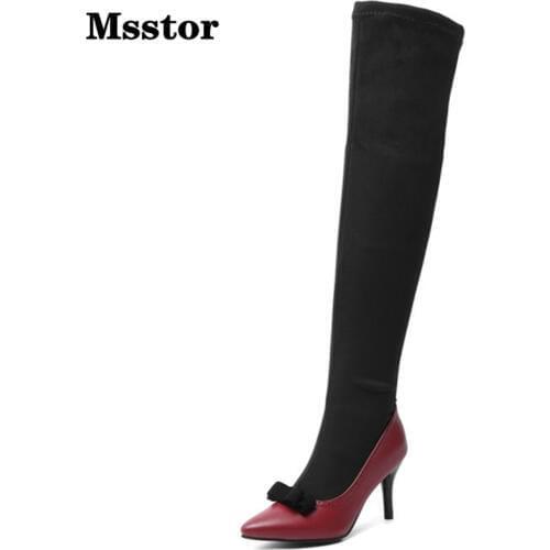 Mixed Colors Over The Knee Boots Butterfly-knot Flock Sexy Party Fashion Shoes Women High Heels Pointed Toe Long Boots Winter