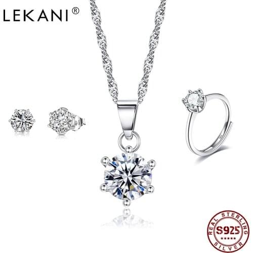 LEKANI Simple Style Jewelry Sets For Women 925 Sterling Silver Inlay Cubic Zirconia Sets Ring Necklace Earrings Fine Jewelry