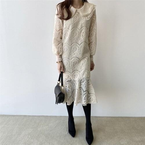 Mazefeng New 2020 Summer Women Dress Peter Pan Collar Casual Lantern Sleeve Floral Vintage Lace Trumpet Lady Long Dress