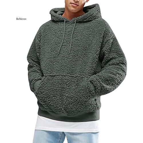 Winter Men Warm Faux Fur Teddy Bear Hoodie Hooded Sweatshirt Tops Pullover Casual Men Hooded Baggy Sweatshirt Coat Putwear