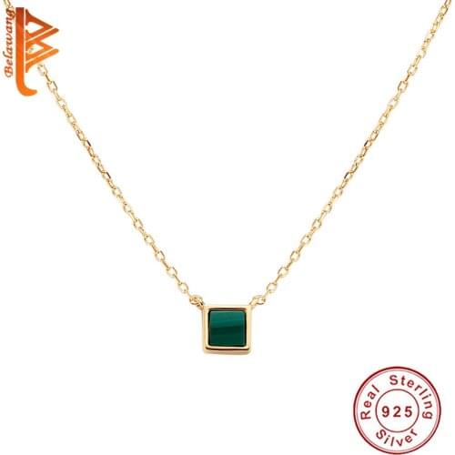 BELAWANG 100% 925 Sterling Silver Square Green Malachite Pendant Necklace Fine Necklace For Women Jewelry Lover Mom Gift