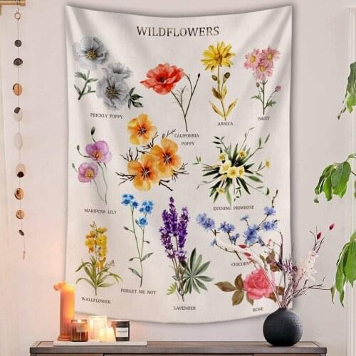 Botanical Wildflower Tapestry Wall Hanging Flower Reference Chart Hippie Bohemian Tapestries Colorful Psychedelic INS Home Decor