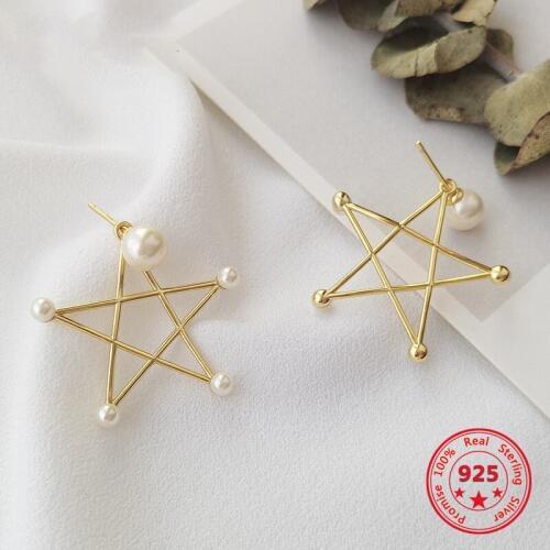 Pure 925 Silver European American New Design Creative Concise Big Hollow Star Pearl Stud Earrings Fine Jewelry